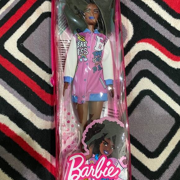 Barbie Other - Barbie Fashionistas Doll #156 with Brunette Afro & Blue Lip Wearing Graphic Coat